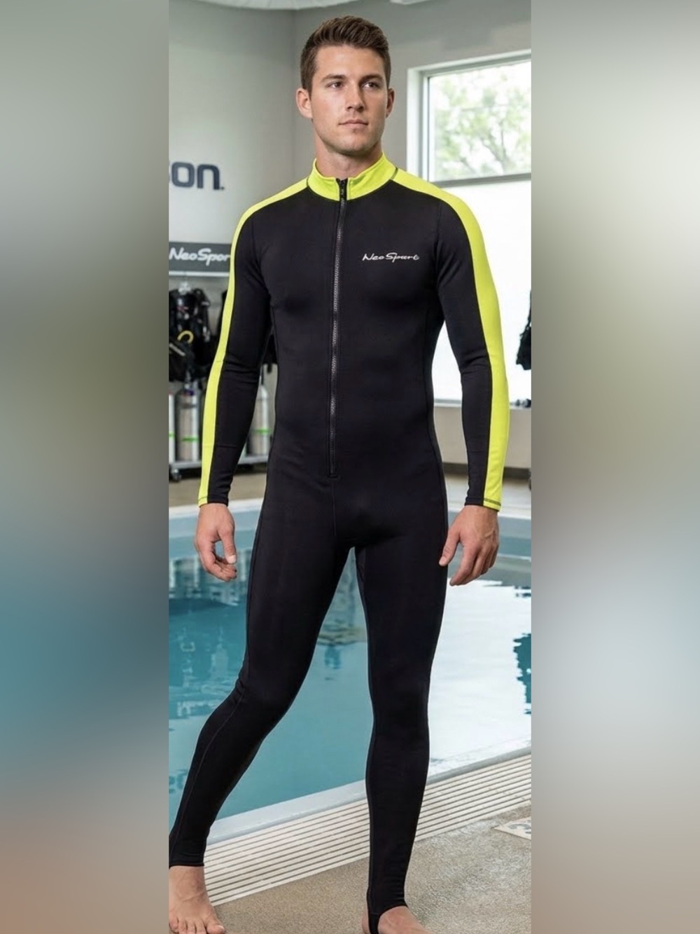 NeoSport Unisex Full Body Sport Skin / Dive Suit – Black & Yellow – Size Large